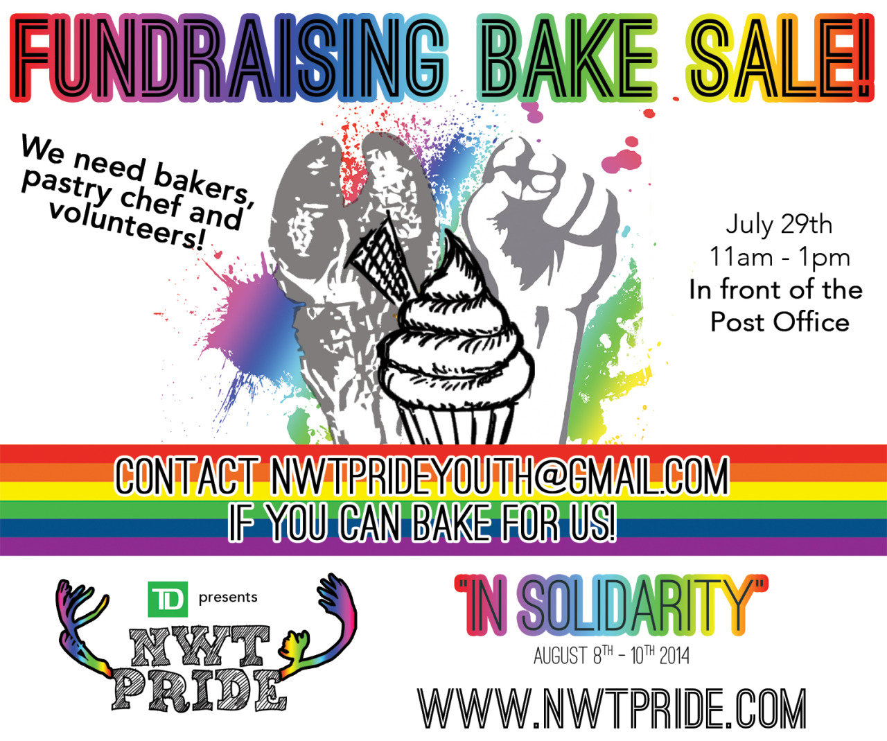 Come by our bake sale! The food is going to be delicious.
We’re excited! If you’re able to bake, please let Katee know by emailing her at nwtprideyouth @ gmail.com.